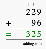 Calculate 229 + 96 using long addition