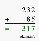 Calculate 232 + 85 using long addition