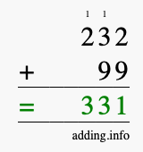 Calculate 232 + 99 using long addition