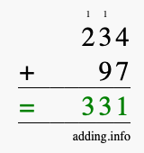 Calculate 234 + 97 using long addition