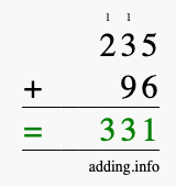 Calculate 235 + 96 using long addition