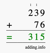 Calculate 239 + 76 using long addition