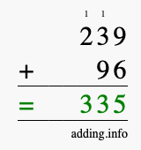 Calculate 239 + 96 using long addition