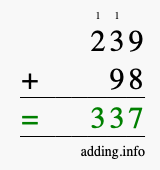 Calculate 239 + 98 using long addition