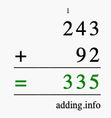 Calculate 243 + 92 using long addition