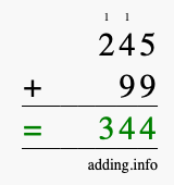 Calculate 245 + 99 using long addition