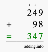 Calculate 249 + 98 using long addition
