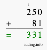Calculate 250 + 81 using long addition