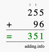 Calculate 255 + 96 using long addition