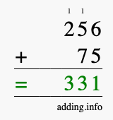 Calculate 256 + 75 using long addition