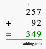 Calculate 257 + 92 using long addition