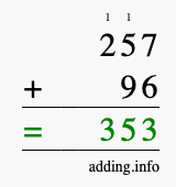 Calculate 257 + 96 using long addition