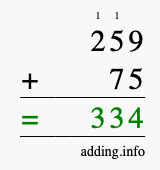 Calculate 259 + 75 using long addition
