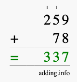 Calculate 259 + 78 using long addition