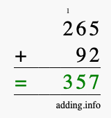 Calculate 265 + 92 using long addition