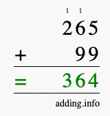 Calculate 265 + 99 using long addition