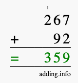 Calculate 267 + 92 using long addition