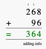 Calculate 268 + 96 using long addition