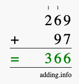 Calculate 269 + 97 using long addition