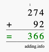 Calculate 274 + 92 using long addition