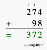 Calculate 274 + 98 using long addition