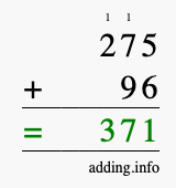 Calculate 275 + 96 using long addition