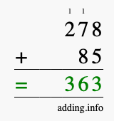 Calculate 278 + 85 using long addition
