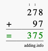 Calculate 278 + 97 using long addition