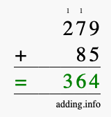 Calculate 279 + 85 using long addition