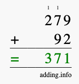 Calculate 279 + 92 using long addition