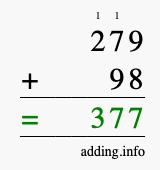 Calculate 279 + 98 using long addition