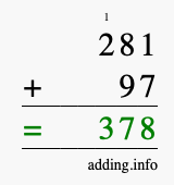 Calculate 281 + 97 using long addition