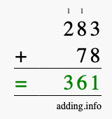 Calculate 283 + 78 using long addition