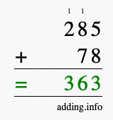 Calculate 285 + 78 using long addition