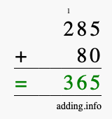 Calculate 285 + 80 using long addition