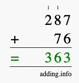 Calculate 287 + 76 using long addition