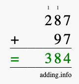 Calculate 287 + 97 using long addition