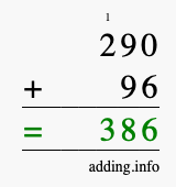 Calculate 290 + 96 using long addition