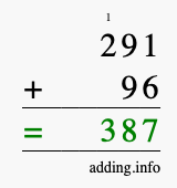 Calculate 291 + 96 using long addition