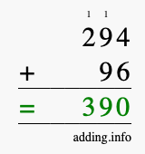 Calculate 294 + 96 using long addition