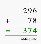 Calculate 296 + 78 using long addition