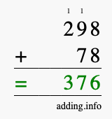 Calculate 298 + 78 using long addition