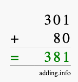 Calculate 301 + 80 using long addition