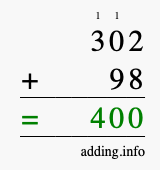 Calculate 302 + 98 using long addition
