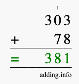 Calculate 303 + 78 using long addition
