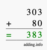 Calculate 303 + 80 using long addition