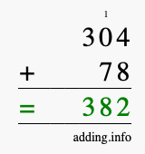 Calculate 304 + 78 using long addition