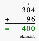 Calculate 304 + 96 using long addition