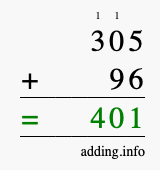 Calculate 305 + 96 using long addition