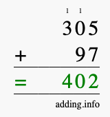 Calculate 305 + 97 using long addition